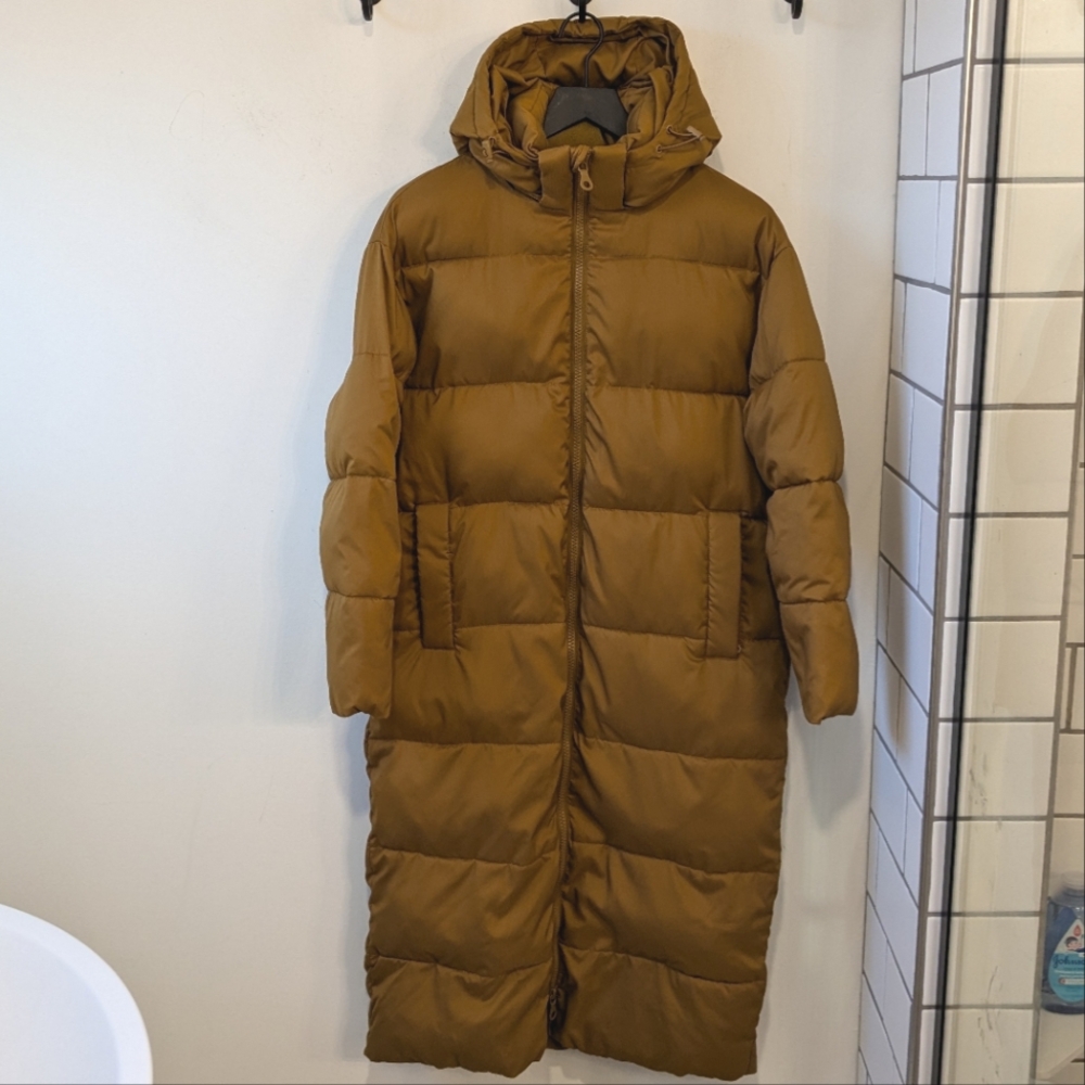 Girlfriend Collective Mustard Brown Long Puffer Coat with Hood